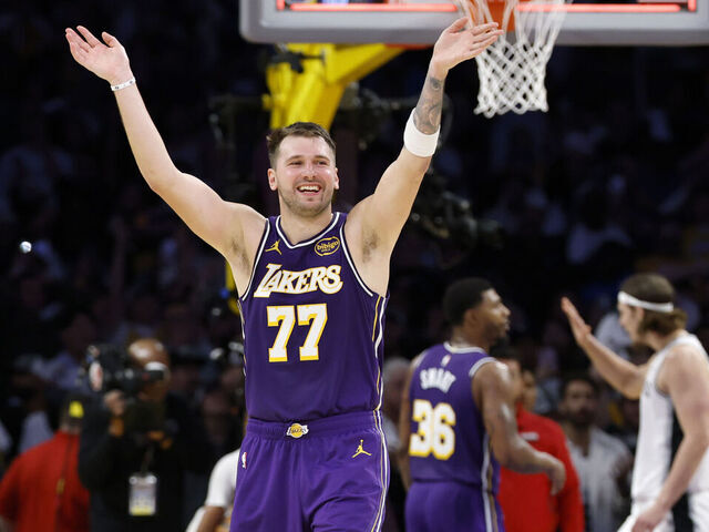 LOS ANGELES, CALIFORNIA - NOVEMBER 05: Luka Doncic #77 of the Los Angeles Lakers reacts during a 118-116 Los Angeles Lakers win over the San Antonio Spurs at Crypto.com Arena on November 05, 2025 in Los Angeles, California.