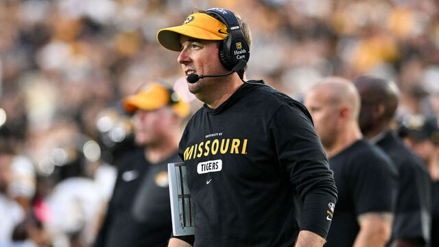 NASHVILLE, TENNESSEE - OCTOBER 25: Head Coach Eli Drinkwitz on the sideline in the second half against the Vanderbilt Commodores at FirstBank Stadium on October 25, 2025 in Nashville, Tennessee.