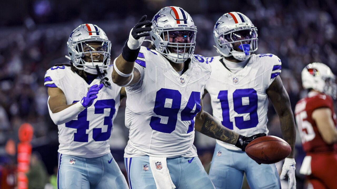 ARLINGTON, TX - NOVEMBER 03: Dallas Cowboys defensive end Marshawn Kneeland (94) celebrates recovering a blocked punt for a touchdown during the game between the Dallas Cowboys and the Arizona Cardinals on November 03, 2025 at AT&T Stadium in Arlington, Texas.