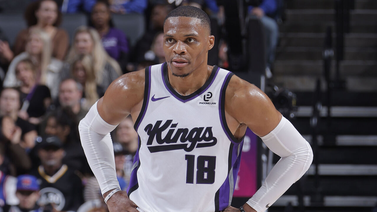 SACRAMENTO, CA - NOVEMBER 5: Russell Westbrook #18 of the Sacramento Kings looks on during the game against the Golden State Warriors on November 5, 2025 at Golden 1 Center in Sacramento, California. Mandatory Copyright Notice: Copyright 2025 NBAE