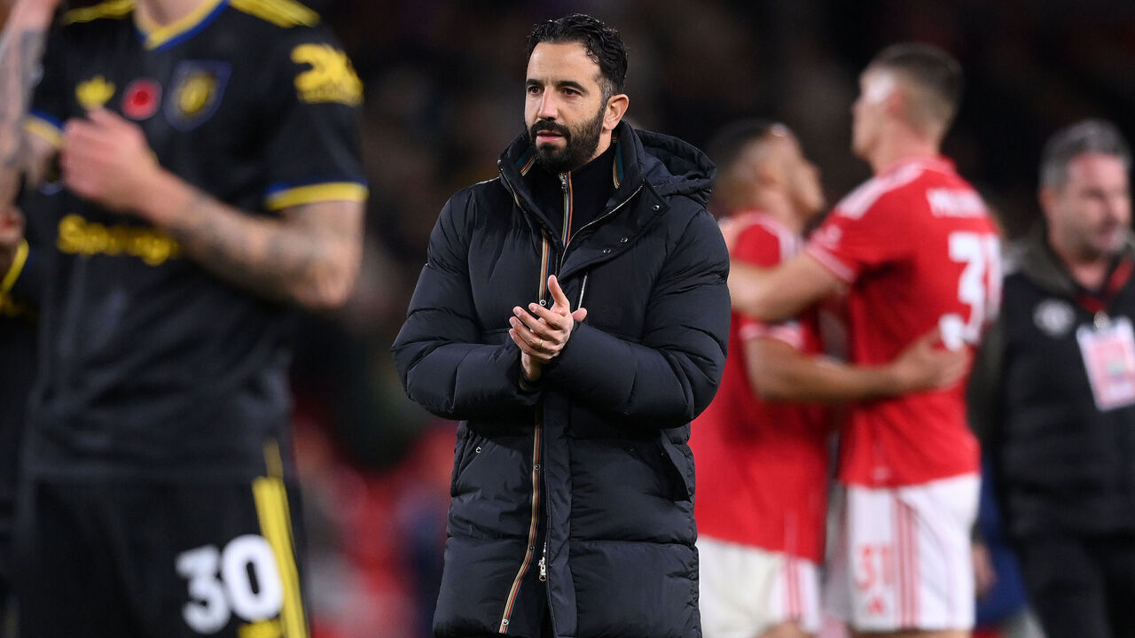 NOTTINGHAM, ENGLAND - NOVEMBER 01: Ruben Amorim, head coach of Manchester United, shows appreciation to the fans following the Premier League match between Nottingham Forest and Manchester United at City Ground on November 01, 2025 in Nottingham, England.