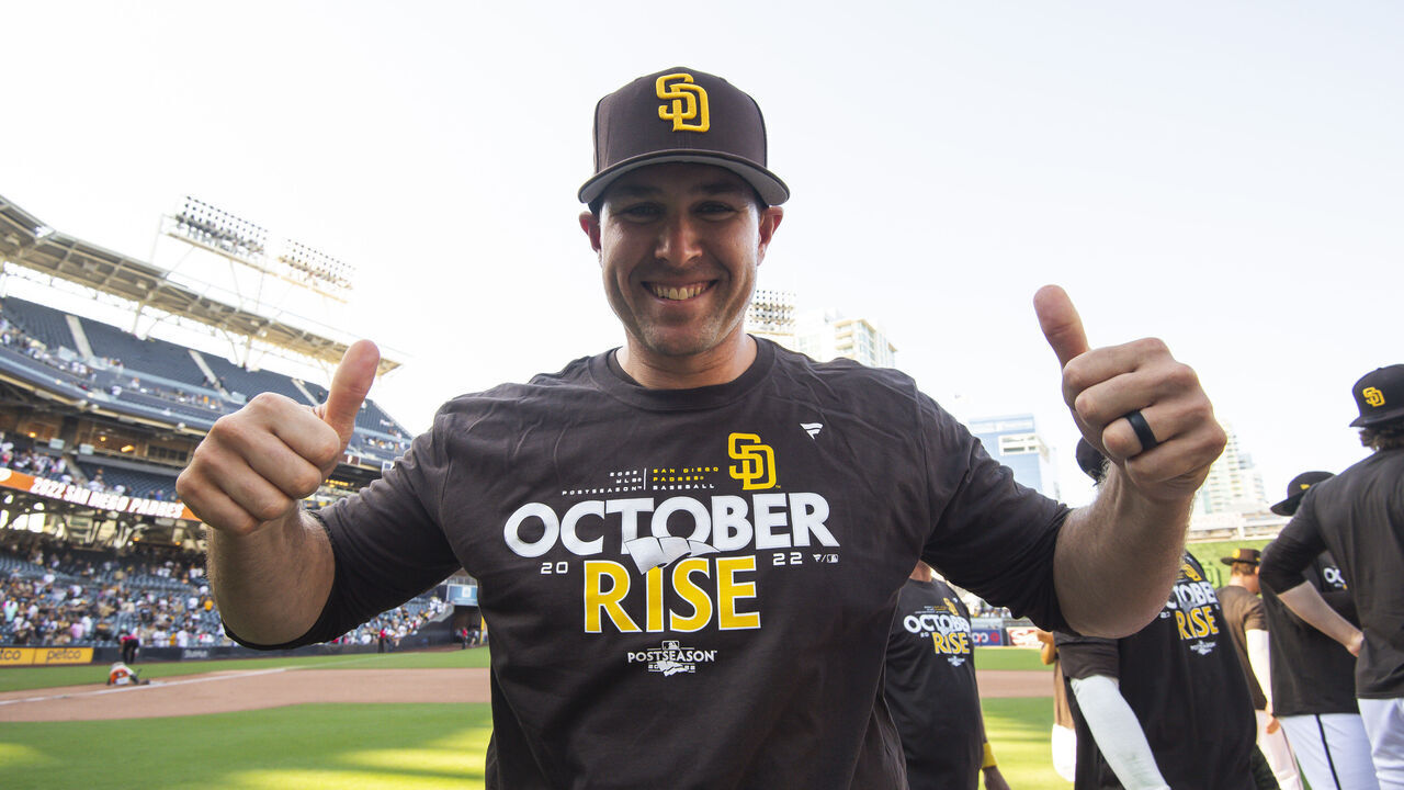 SAN DIEGO, CA - OCTOBER 2: Craig Stammen #34 of the San Diego Padres celebrates after facing against the Chicago White Sox at PETCO Park on October 2, 2022 in San Diego, California. The Padres clinched a playoff spot after the Milwaukee Brewers lost to the Miami Marlins.