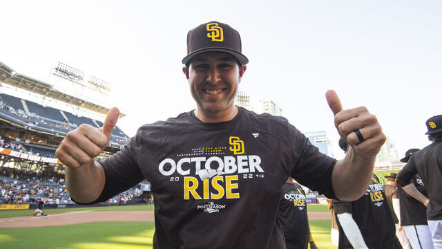SAN DIEGO, CA - OCTOBER 2: Craig Stammen #34 of the San Diego Padres celebrates after facing against the Chicago White Sox at PETCO Park on October 2, 2022 in San Diego, California. The Padres clinched a playoff spot after the Milwaukee Brewers lost to the Miami Marlins.