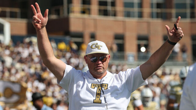 ATLANTA, GEORGIA - OCTOBER 25: Brent Key of the Georgia Tech Yellow Jackets reacts to the fans before the game against the Syracuse Orange at Bobby Dodd Stadium on October 25, 2025 in Atlanta, Georgia.