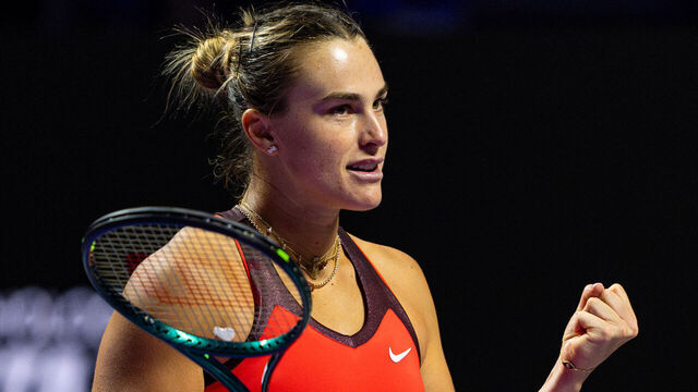 RIYADH, SAUDI ARABIA - NOVEMBER 06: Aryna Sabalenka celebrates her victory over Coco Gauff of United States during her round-robin match in the Stefanie Graf Group at King Saud University Indoor Arena during day six of the WTA Finals Riyadh as part of the Hologic WTA Tour 2025 on November 06, 2025 in Riyadh, Saudi Arabia.