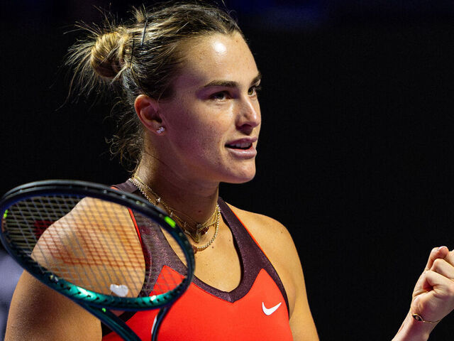 RIYADH, SAUDI ARABIA - NOVEMBER 06: Aryna Sabalenka celebrates her victory over Coco Gauff of United States during her round-robin match in the Stefanie Graf Group at King Saud University Indoor Arena during day six of the WTA Finals Riyadh as part of the Hologic WTA Tour 2025 on November 06, 2025 in Riyadh, Saudi Arabia.