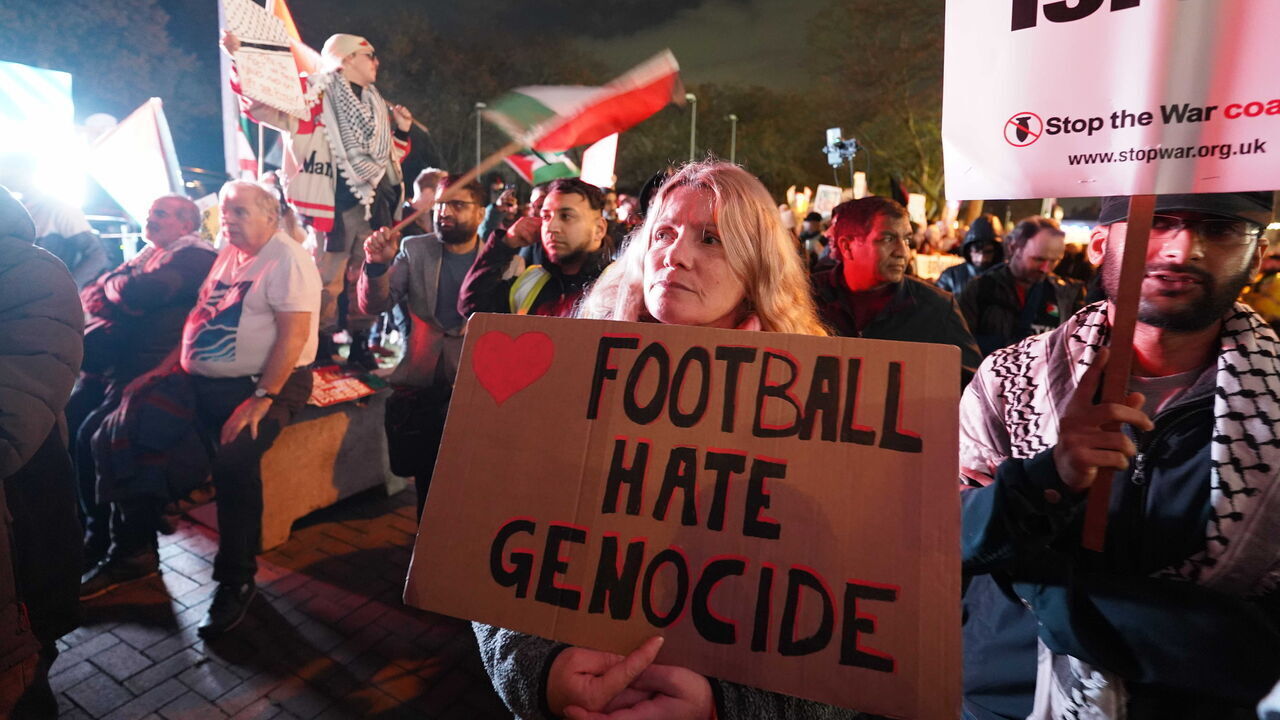 BIRMINGHAM, UNITED KINGDOM - NOVEMBER 06: Pro-Palestinian protesters gather outside the stadium before the UEFA Europa League football match day 4, between Aston Villa and Maccabi Tel-Aviv at Villa Park in Birmingham on November 06, 2025.