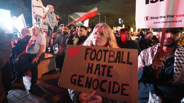 BIRMINGHAM, UNITED KINGDOM - NOVEMBER 06: Pro-Palestinian protesters gather outside the stadium before the UEFA Europa League football match day 4, between Aston Villa and Maccabi Tel-Aviv at Villa Park in Birmingham on November 06, 2025.