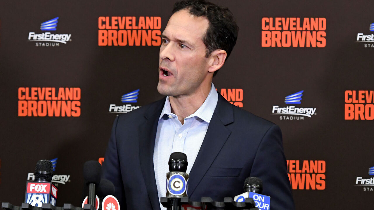 CLEVELAND, OH - JANUARY 14, 2020: Chief strategy officer Paul DePodesta of the Cleveland Browns speaks to the media after Kevin Stefanski was introduced as the Brown new head coach on January 14, 2020 at FirstEnergy Stadium in Cleveland, Ohio. (Photo by: 2020 Nick Cammett/Diamond Images via Getty Images)