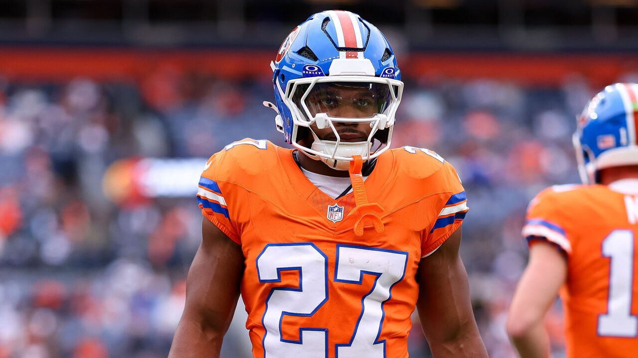 DENVER, COLORADO - OCTOBER 26: J.K. Dobbins #27 of the Denver Broncos warms up prior to the game against the Dallas Cowboys at Empower Field at Mile High on October 26, 2025 in Denver, Colorado.