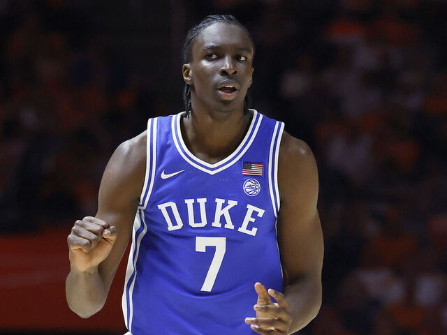KNOXVILLE, TENNESSEE - OCTOBER 26: Dame Sarr #7 of the Duke Blue Devils reacts to a play during the first half of the game against the Tennessee Volunteers at Thompson-Boling Arena on October 26, 2025 in Knoxville, Tennessee.