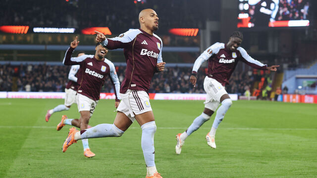 BIRMINGHAM, ENGLAND - NOVEMBER 6: Donyell Malen of Aston Villa celebrates after scoring their 2nd goal during the UEFA Europa League 2025/26 League Phase MD4 match between Aston Villa FC and Maccabi Tel-Aviv FC at Villa Park on November 6, 2025 in Birmingham, England.
