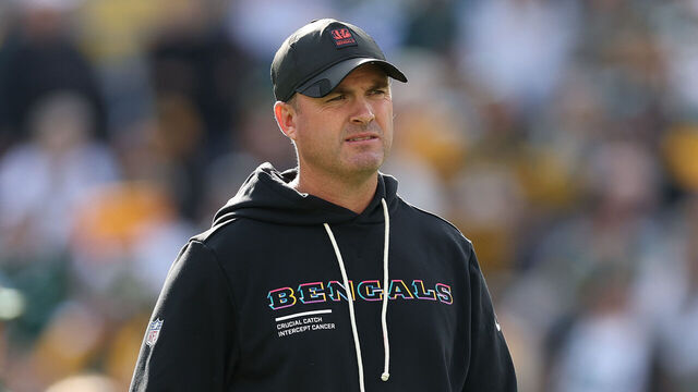 GREEN BAY, WISCONSIN - OCTOBER 12: Head coach Zac Taylor of the Cincinnati Bengals looks on prior to the game against the Green Bay Packers at Lambeau Field on October 12, 2025 in Green Bay, Wisconsin.