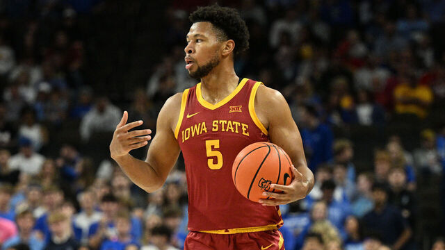 OMAHA, NEBRASKA - OCTOBER 17: Joshua Jefferson #5 of the Iowa State Cyclones dribbles against the Creighton Bluejays at CHI Health Center on October 17, 2025 in Omaha, Nebraska.
