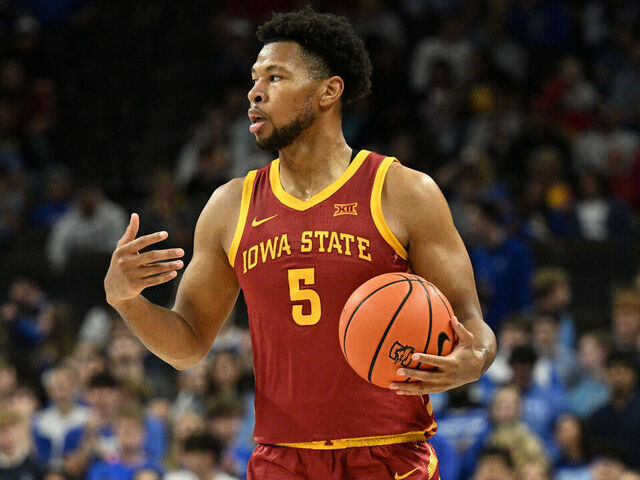 OMAHA, NEBRASKA - OCTOBER 17: Joshua Jefferson #5 of the Iowa State Cyclones dribbles against the Creighton Bluejays at CHI Health Center on October 17, 2025 in Omaha, Nebraska.