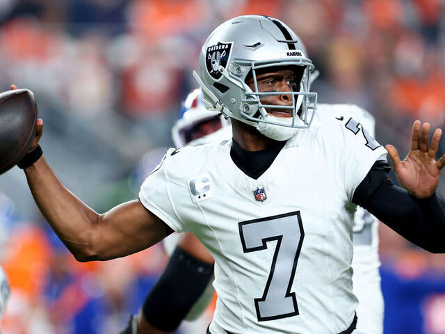 DENVER, COLORADO - NOVEMBER 06: Geno Smith #7 of the Las Vegas Raiders throws a pass against the Denver Broncos during the first quarter in the game at Empower Field At Mile High on November 06, 2025 in Denver, Colorado.