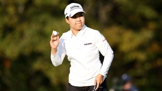 OTSU, JAPAN - NOVEMBER 07: Nasa Hataoka of Japan acknowledges the gallery after holing out with the birdie on the 18th green during the second round of the TOTO Japan Classic 2025 at Seta Golf Course on November 7, 2025 in Otsu, Shiga, Japan.