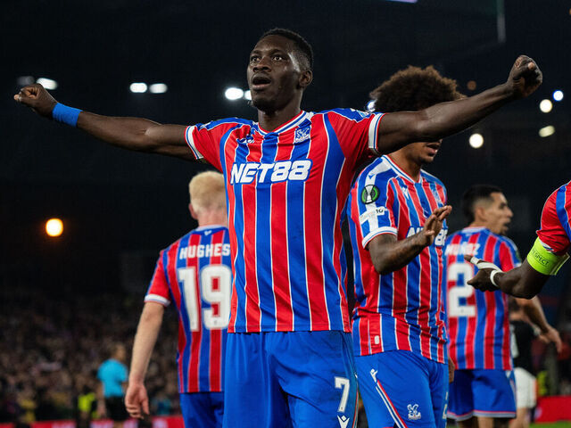 LONDON, ENGLAND - NOVEMBER 6: Ismaila Sarr of Crystal Palace celebrates after scoring his team's third goal during the UEFA Conference League 2025/26 League Phase MD3 match between Crystal Palace FC and AZ Alkmaar at Selhurst Park on November 6, 2025 in London, England.
