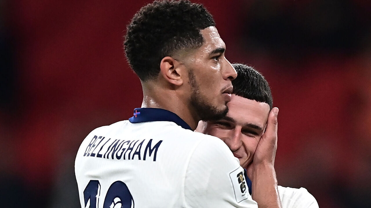LONDON, ENGLAND - MARCH 21: Jude Bellingham of England reacts to Phil Foden at the end of the FIFA World Cup 2026 European Qualifier Group K match between England and Albania at Wembley Stadium on March 21, 2025 in London, England.