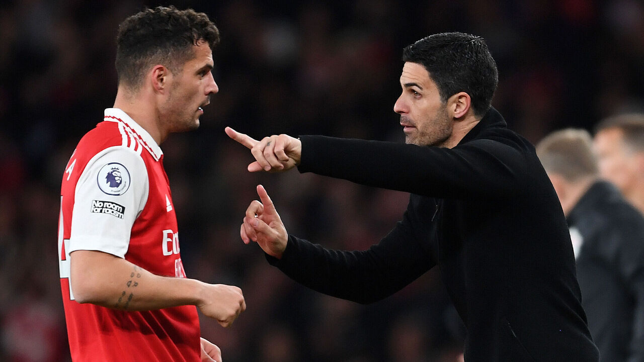 LONDON, ENGLAND - MAY 02: Mikel Arteta, Manager of Arsenal, gives instructions to Granit Xhaka during the Premier League match between Arsenal FC and Chelsea FC at Emirates Stadium on May 02, 2023 in London, England.