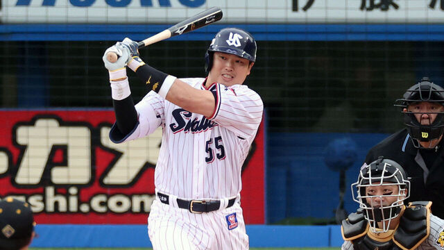 TOKYO, JAPAN - APRIL 06: Munetaka Murakami of the Yakult Swallows grounds out in the 7th inning against Hanshin Tigers at Jingu Stadium on April 6, 2024 in Tokyo, Japan.