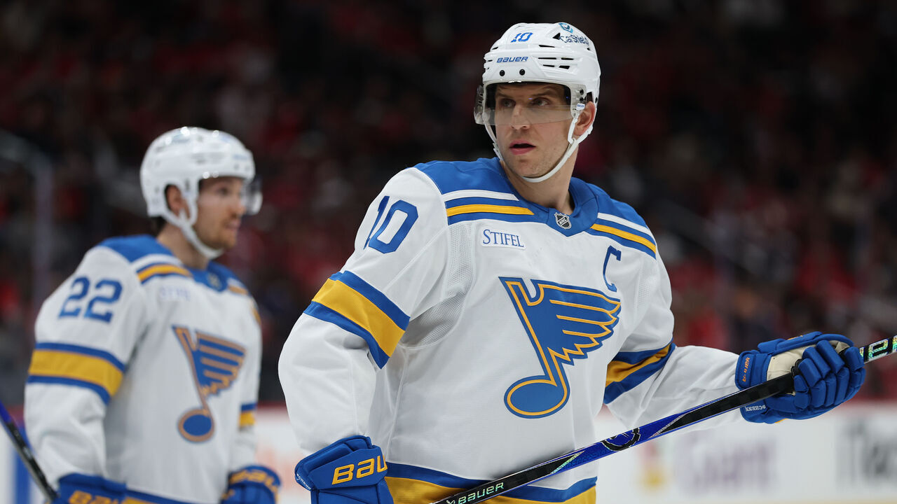WASHINGTON, DC - NOVEMBER 05: Brayden Schenn #10 of the St. Louis Blues looks on against the Washington Capitals during the first period at Capital One Arena on November 5, 2025 in Washington, DC.