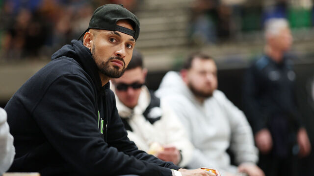 CANBERRA, AUSTRALIA - AUGUST 29: Nick Kyrgios watches the 2025 NBL Blitz match between South East Melbourne Phoenix and New Zealand Breakers at AIS Arena on August 29, 2025 in Canberra, Australia.