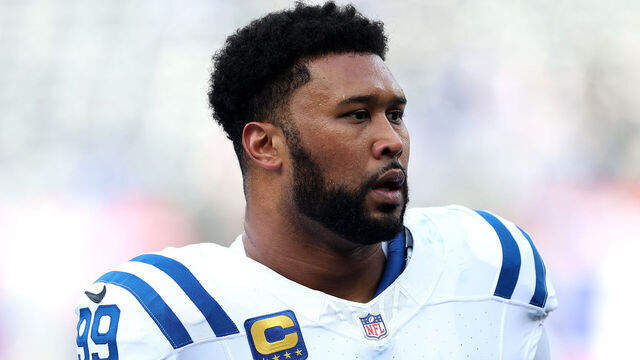 EAST RUTHERFORD, NEW JERSEY - DECEMBER 29: DeForest Buckner #99 of the Indianapolis Colts looks on before the game against the New York Giants at MetLife Stadium on December 29, 2024 in East Rutherford, New Jersey.