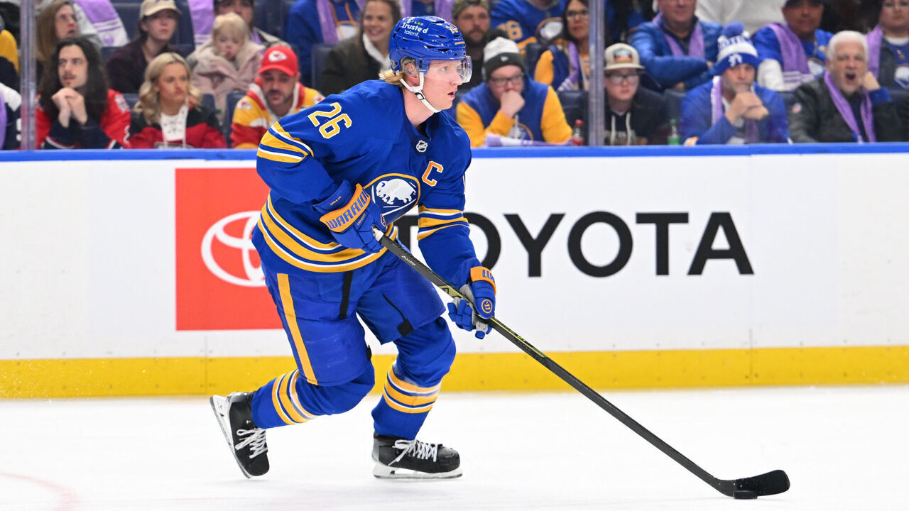 BUFFALO, NEW YORK - NOVEMBER 1: Rasmus Dahlin #26 of the Buffalo Sabres skates against the Washington Capitals during an NHL game at KeyBank Center on November 1, 2025 in Buffalo, New York. Buffalo won, 4-3 in a shootout.