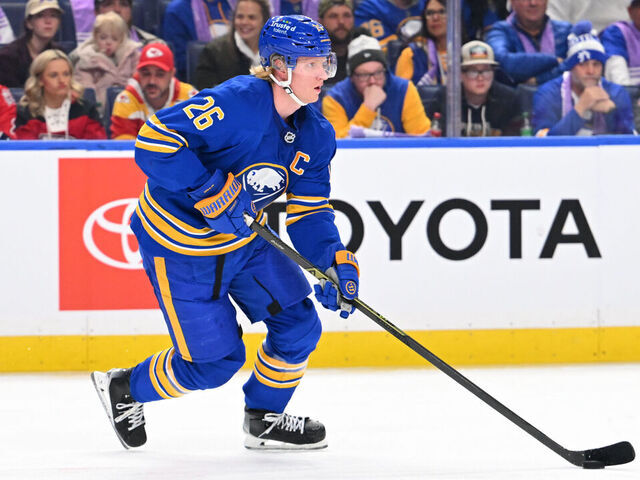 BUFFALO, NEW YORK - NOVEMBER 1: Rasmus Dahlin #26 of the Buffalo Sabres skates against the Washington Capitals during an NHL game at KeyBank Center on November 1, 2025 in Buffalo, New York. Buffalo won, 4-3 in a shootout.