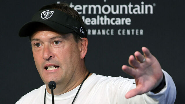 HENDERSON, NEVADA - JULY 27: Special teams coordinator Tom McMahon of the Las Vegas Raiders speaks during a news conference after the team's first fully padded practice during training camp at the Las Vegas Raiders Headquarters/Intermountain Healthcare Performance Center on July 27, 2022 in Henderson, Nevada.