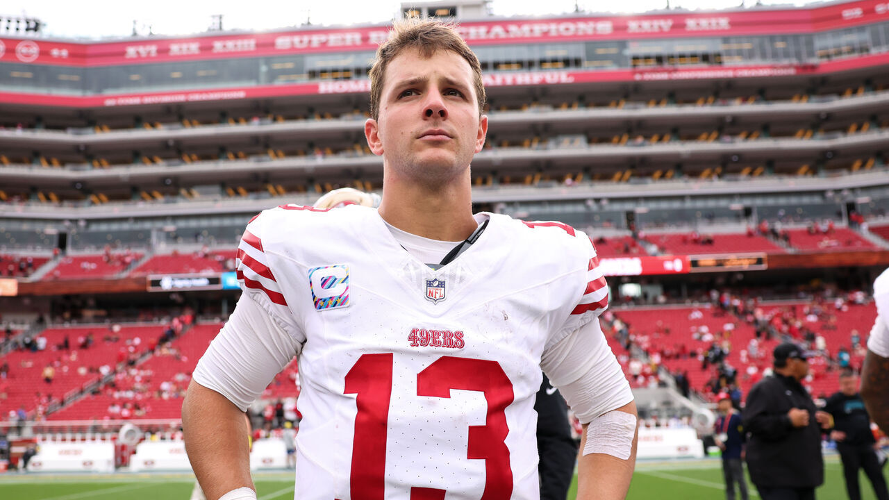 SANTA CLARA, CALIFORNIA - SEPTEMBER 28: Brock Purdy #13 of the San Francisco 49ers looks on after a 26-21 loss against against the Jacksonville Jaguars at Levi's Stadium on September 28, 2025 in Santa Clara, California.