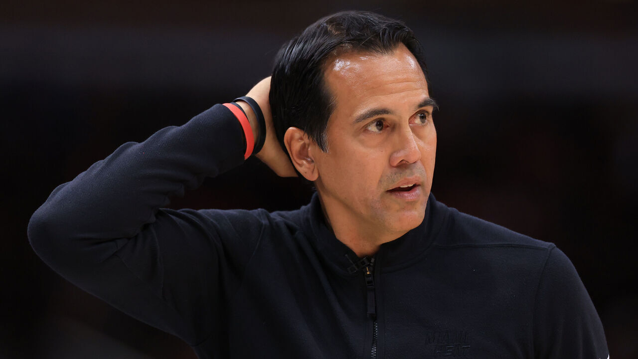 CHICAGO, ILLINOIS - APRIL 16: Head coach Erik Spoelstra of the Miami Heat looks on against the Chicago Bulls of an NBA play-in tournament game at the United Center on April 16, 2025 in Chicago, Illinois.