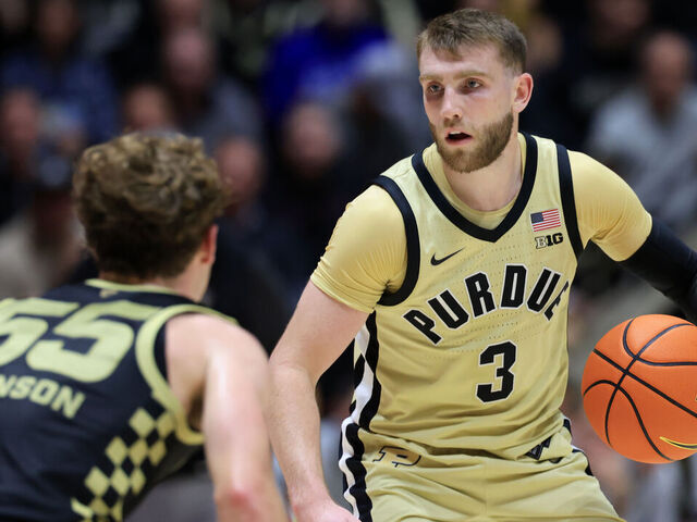 WEST LAFAYETTE, INDIANA - NOVEMBER 07: Braden Smith #3 of the Purdue Boilermakers brings the ball up the court against Brody Robinson #55 of the Oakland Golden Grizzlies during the second half at Mackey Arena on November 07, 2025 in West Lafayette, Indiana.