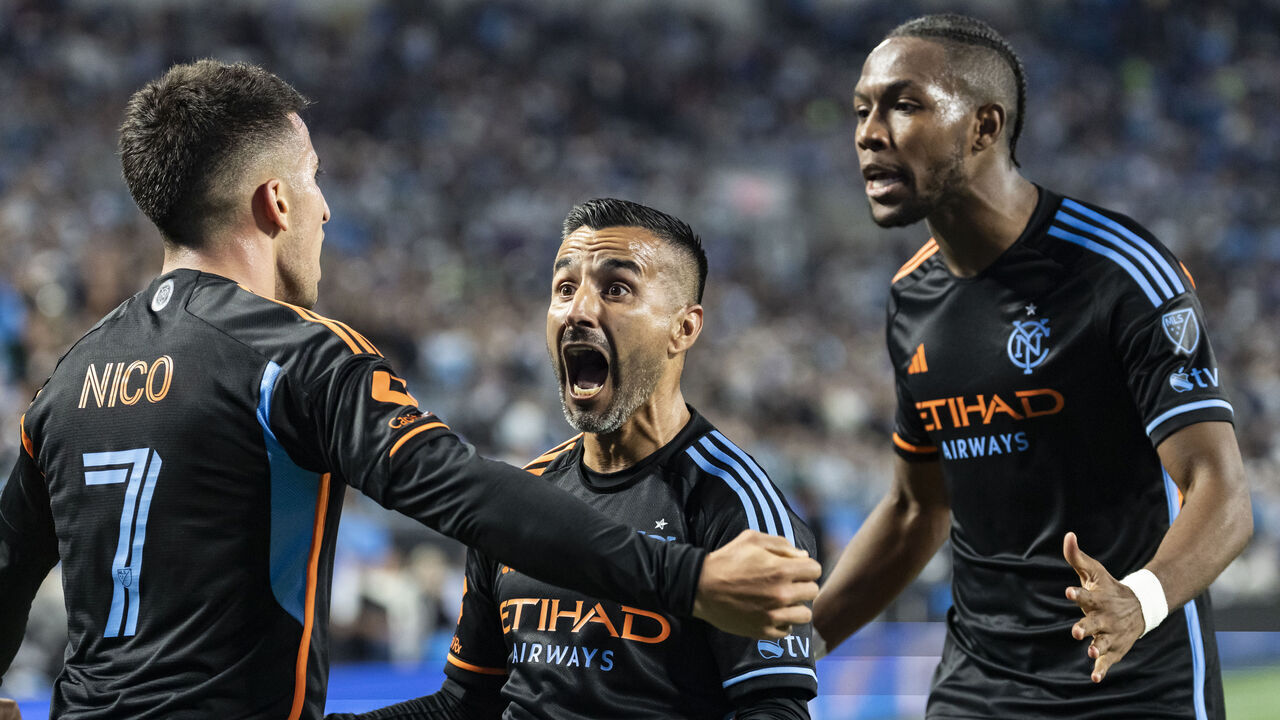 CHARLOTTE, NORTH CAROLINA - NOVEMBER 07: Nicolás Fernández #7, Maximiliano Moralez #10 and Andrés Perea #8 of New York City celebrate a goal by Fernandez during a game between Charlotte FC and New York City FC at Bank of America Stadium on November 7, 2025 in Charlotte, North Carolina.