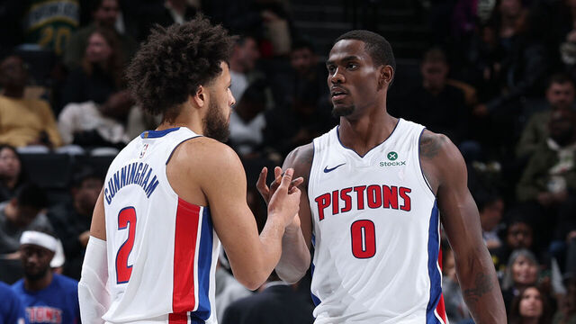 NEW YORK, NY - NOVEMBER 7: Cade Cunningham #2 and Jalen Duren #0 of the Detroit Pistons high five during the game against the Brooklyn Nets during the 2025-26 Emirates Cup on November 7, 2025 at Madison Square Garden in New York City, New York. Mandatory Copyright Notice: Copyright 2025 NBAE