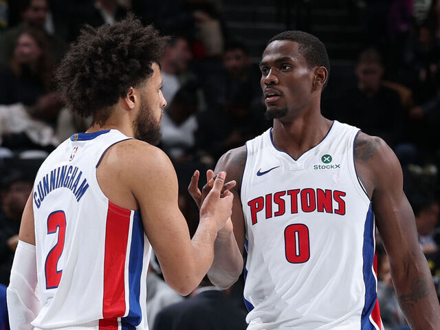 NEW YORK, NY - NOVEMBER 7: Cade Cunningham #2 and Jalen Duren #0 of the Detroit Pistons high five during the game against the Brooklyn Nets during the 2025-26 Emirates Cup on November 7, 2025 at Madison Square Garden in New York City, New York. Mandatory Copyright Notice: Copyright 2025 NBAE