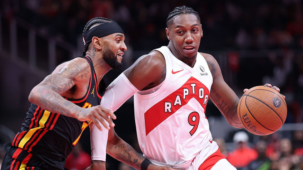 ATLANTA, GEORGIA - NOVEMBER 07: RJ Barrett #9 of the Toronto Raptors drives against Nickeil Alexander-Walker #7 of the Atlanta Hawks during the fourth quarter of the Emirates NBA Cup game at State Farm Arena on November 07, 2025 in Atlanta, Georgia.