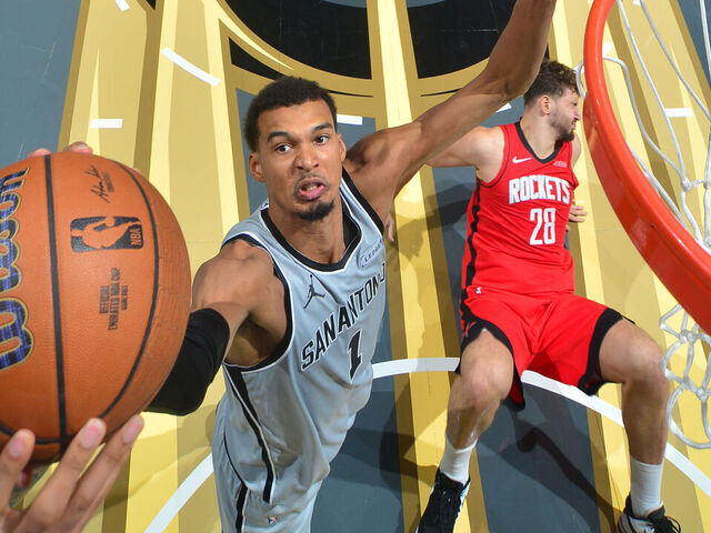 SAN ANTONIO, TX - NOVEMBER 7: Victor Wembanyama #1 of the San Antonio Spurs grabs the rebound during the game against the Houston Rockets on November 7, 2025 at the Frost Bank Center in San Antonio, Texas. Mandatory Copyright Notice: Copyright 2025 NBAE (Photos by Michael Gonzales/NBAE via Getty Images)