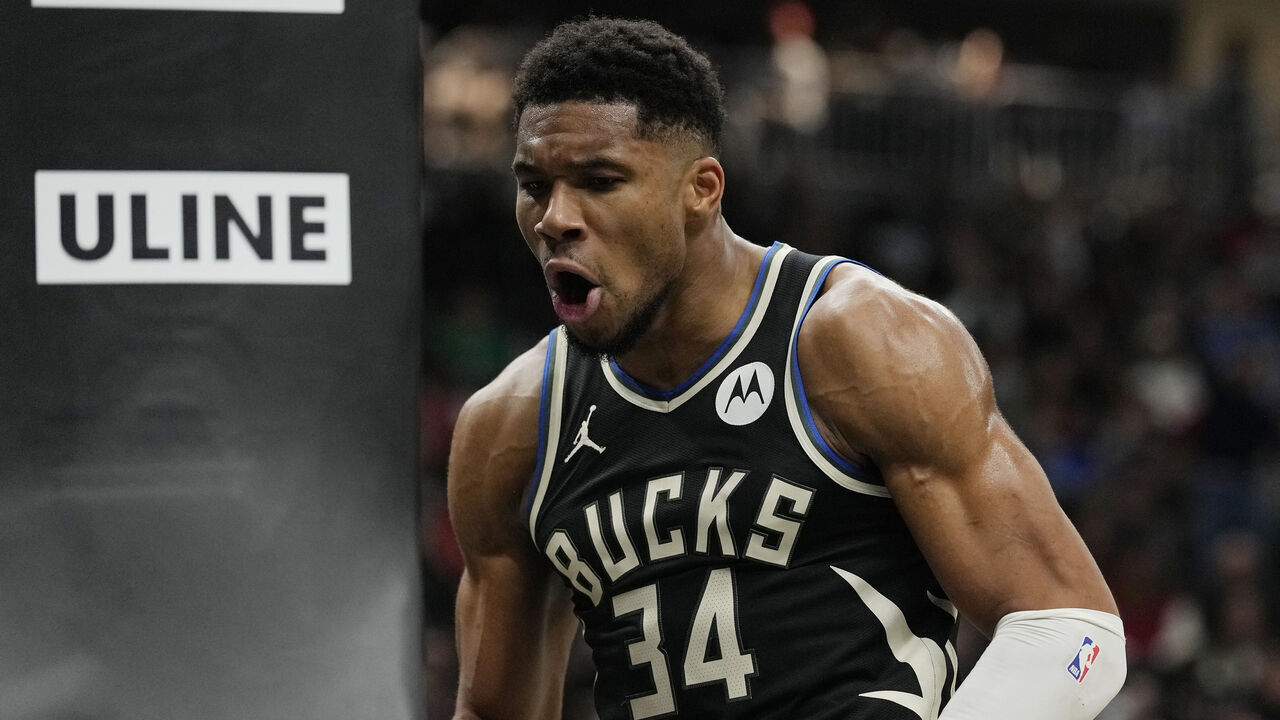 MILWAUKEE, WISCONSIN - NOVEMBER 07: Giannis Antetokounmpo #34 of the Milwaukee Bucks reacts against the Chicago Bulls in the third quarter of the Emirates NBA Cup game at Fiserv Forum on November 07, 2025 in Milwaukee, Wisconsin.