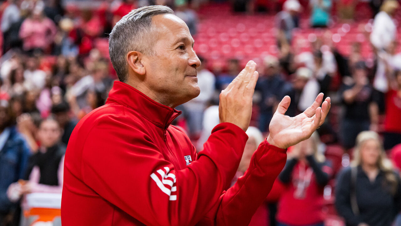 LUBBOCK, TEXAS - NOVEMBER 04: Head Coach Grant McCasland of the Texas Tech Red Raiders claps after the game against the Lindenwood Lions at United Supermarkets Arena on November 04, 2025 in Lubbock, Texas.