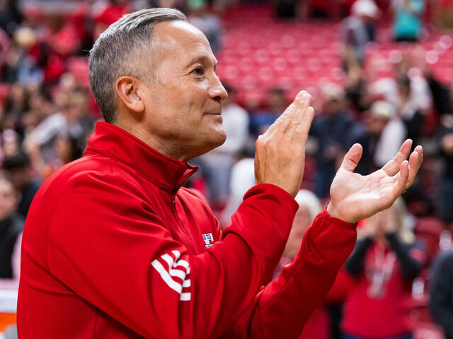 LUBBOCK, TEXAS - NOVEMBER 04: Head Coach Grant McCasland of the Texas Tech Red Raiders claps after the game against the Lindenwood Lions at United Supermarkets Arena on November 04, 2025 in Lubbock, Texas.