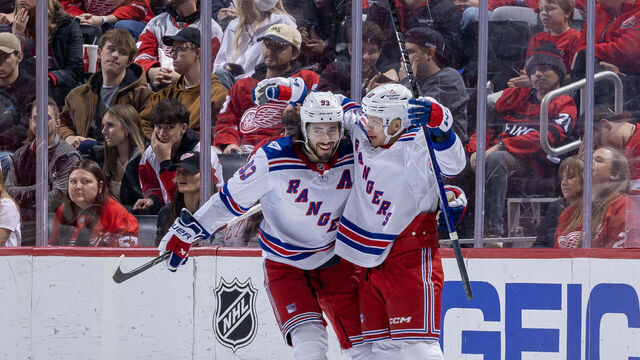 DETROIT, MICHIGAN - NOVEMBER 07: Artemi Panarin #10 of the New York Rangers celebrates his goal against the Detroit Red Wings with Mika Zibanejad #93 during the third period at Little Caesars Arena on November 7, 2025 in Detroit, Michigan. New York defeated Detroit 4-1.