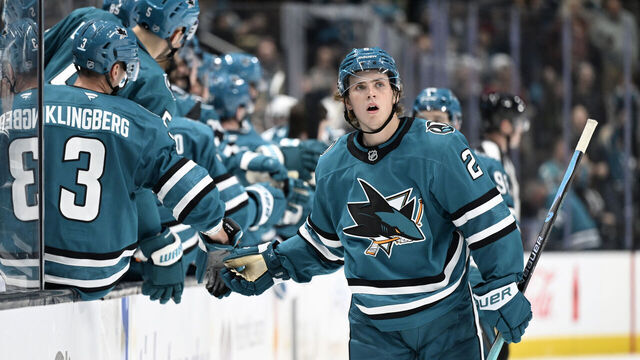 SAN JOSE, CALIFORNIA - NOVEMBER 07: Will Smith #2 of the San Jose Sharks celebrates after his goal against the Winnipeg Jets in the third period at SAP Center on November 07, 2025 in San Jose, California.