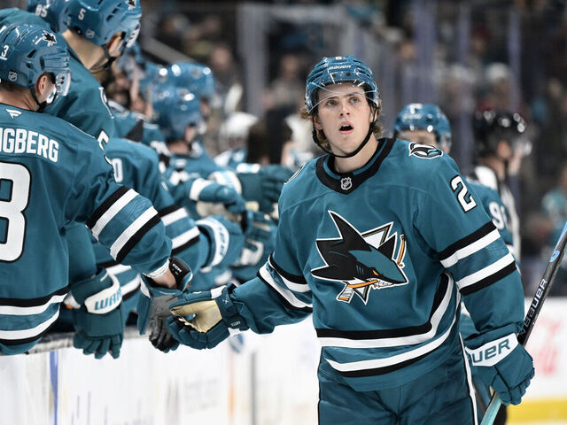 SAN JOSE, CALIFORNIA - NOVEMBER 07: Will Smith #2 of the San Jose Sharks celebrates after his goal against the Winnipeg Jets in the third period at SAP Center on November 07, 2025 in San Jose, California.