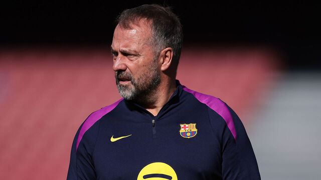 BARCELONA, SPAIN - NOVEMBER 07: Hansi Flick, head coach of FC Barcelona looks on during their first FC Barcelona open training session at Spotify Camp Nou. 23,000 fans will watch Barcelona play during a sold-out open door training session at the new Spotify Camp Nou today, as the stadium reopens following it's closure for refurbishment on May 28, 2023, on November 07, 2025 in Barcelona, Spain.