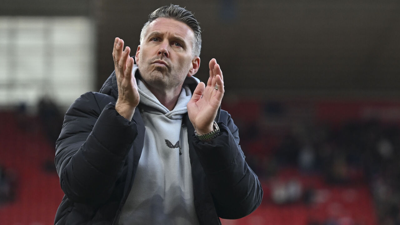 Rob Edwards, the Middlesbrough Manager, applauds the fans after the final whistle during the Sky Bet Championship match between Middlesbrough and Wrexham at the Riverside Stadium in Middlesbrough, on October 25, 2025.