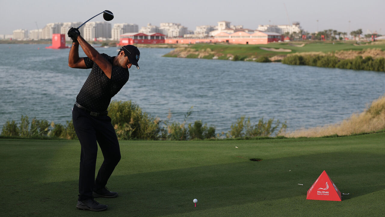 ABU DHABI, UNITED ARAB EMIRATES - NOVEMBER 08: Aaron Rai of England tees off on the 18th hole on day three of the Abu Dhabi HSBC Championship 2025 at Yas Links Golf Course on November 08, 2025 in Abu Dhabi, United Arab Emirates.
