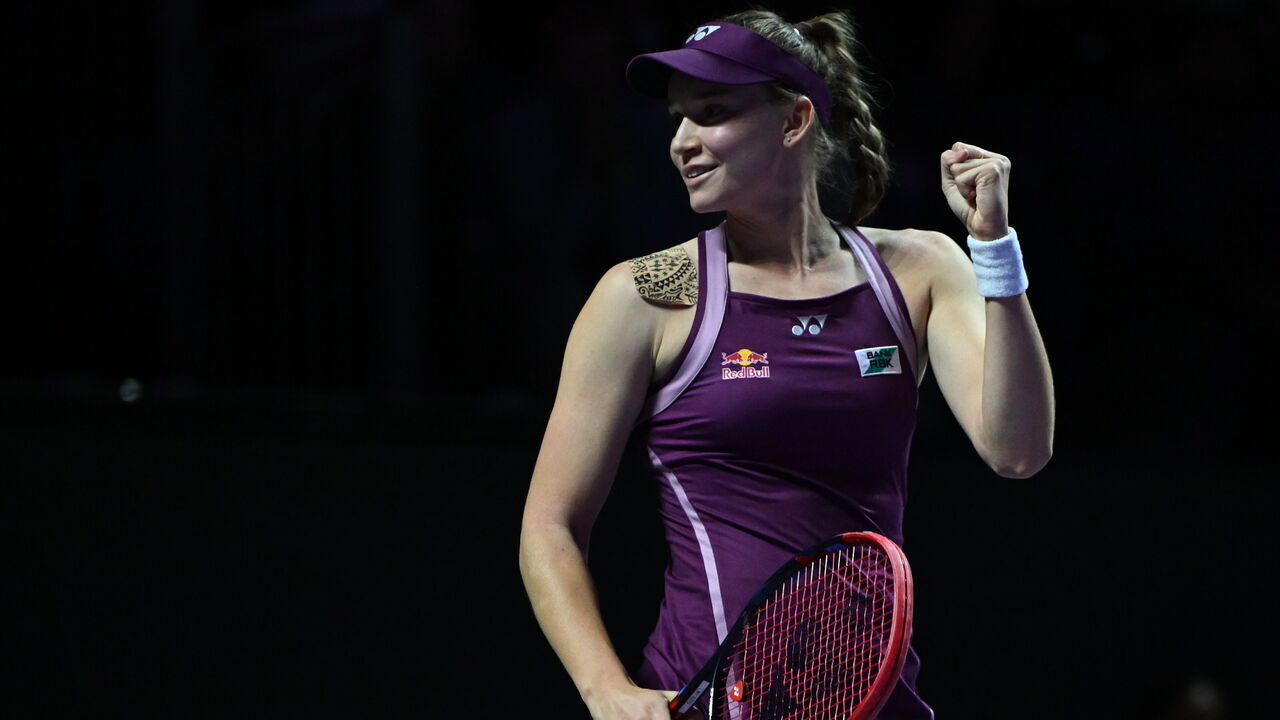 RIYADH, SAUDI ARABIA - NOVEMBER 8: Elena Rybakina of Kazakhstan celebrates victory after her Singles Final match of the 2025 WTA Finals against Aryna Sabalenka (not seen), part of the Hologic WTA Tour, at King Saud University Indoor Arena in Riyadh, Saudi Arabia, on November 8, 2025.