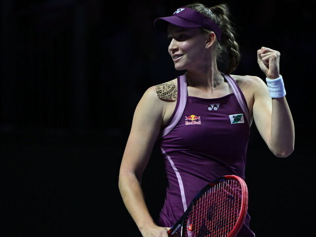 RIYADH, SAUDI ARABIA - NOVEMBER 8: Elena Rybakina of Kazakhstan celebrates victory after her Singles Final match of the 2025 WTA Finals against Aryna Sabalenka (not seen), part of the Hologic WTA Tour, at King Saud University Indoor Arena in Riyadh, Saudi Arabia, on November 8, 2025.